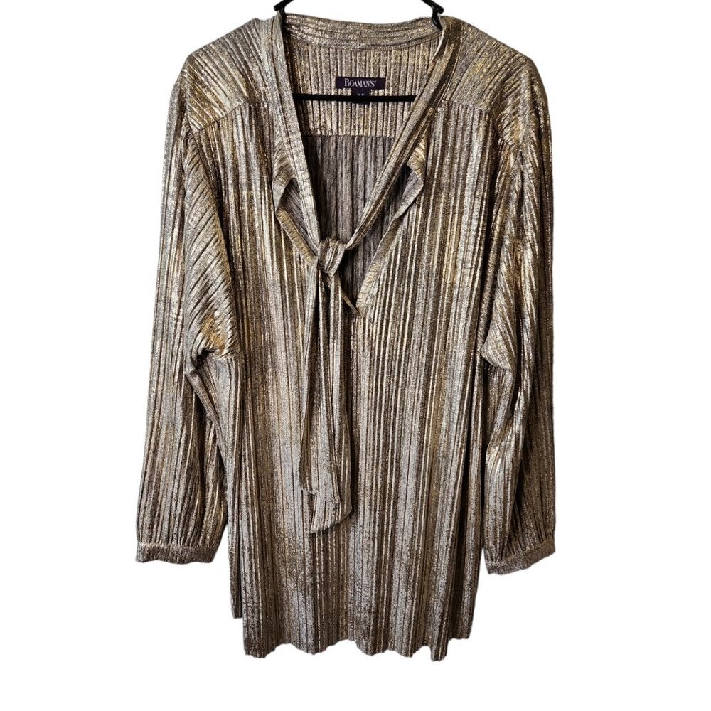 Roamans Size 26W Womens Top Silver Metallic Tie Neck Long Sleeve Blouse